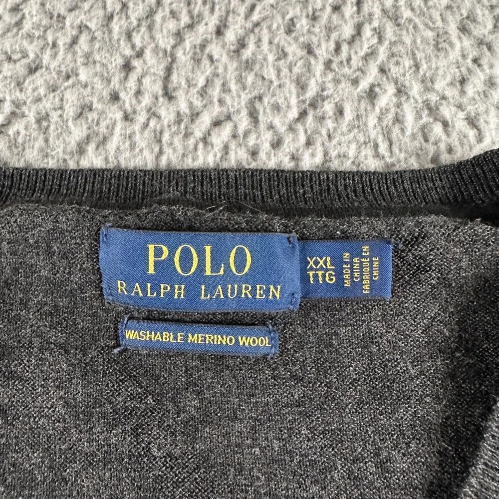 Polo Ralph Lauren Sweater Mens 2XL Gray Merino Wool V-Neck Knit Long Sleeve